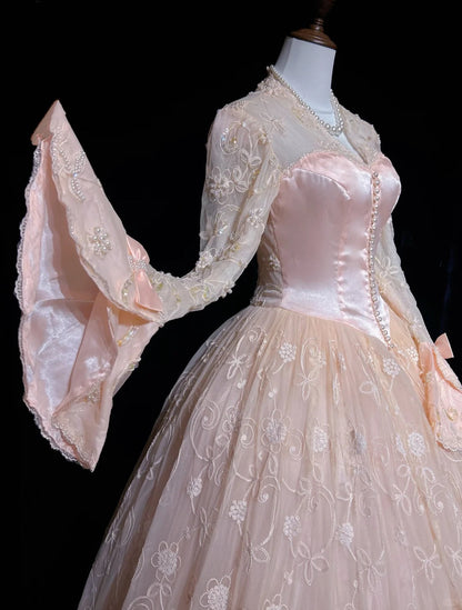 Princess Prom Dresses Ball Gown V Neck Pink Lace With Long Sleeves With Pearls Formal Evening Outfits N3878