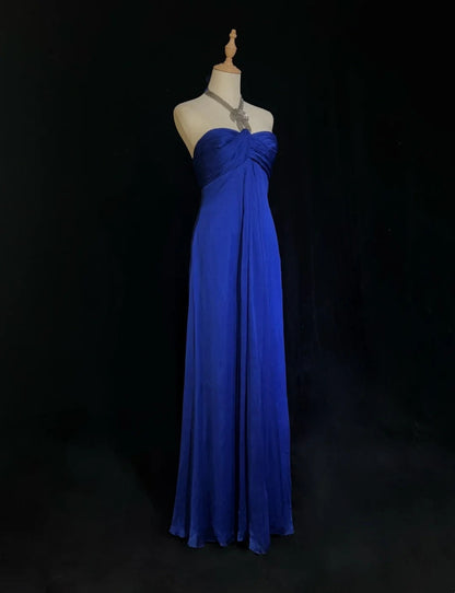 Vintage Prom Dresses A line Halter Royal Blue Chiffon With Beaded 90s Long Formal Gown N2903