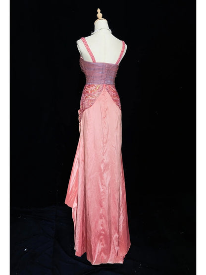 Vintage Prom Dresses 80s Mermaid Sweetheart Pink Chiffon With Beading Semi Formal Evening Outfits N3635