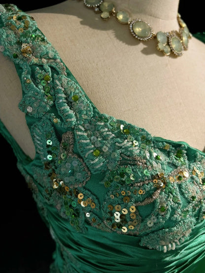 Vintage Prom Dresses Inspo Mermaid Square Neck Green Satin 90s With Appliqued For Women Formal Gowns N3332