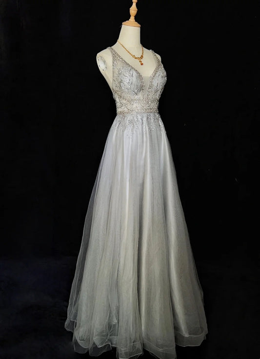 Vintage Prom Dresses Inspo A line V Neck Light Grey With Beading For Women Formal Dress N3238
