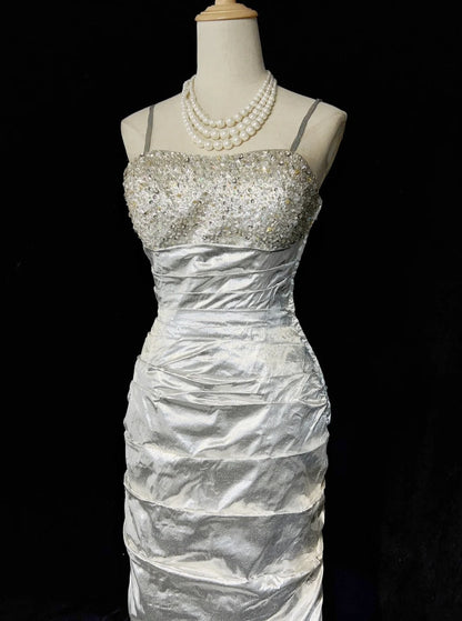 Charming Prom Dresses Mermaid Spaghetti Strap Silver Gray With Beaded Long Formal Evening Outfits N3687