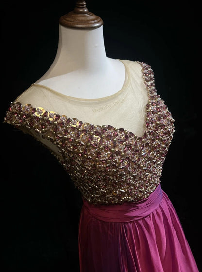 Vintage Prom Dresses A line Scoop Fuchsia Chiffon With Beading 80s Long Formal Evening Outfits N3880