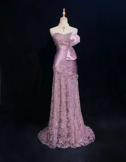 Elegant Prom Dresses Mermaid Sweetheart Lilac Tulle Lace With Beaded Long Formal Gown N2909