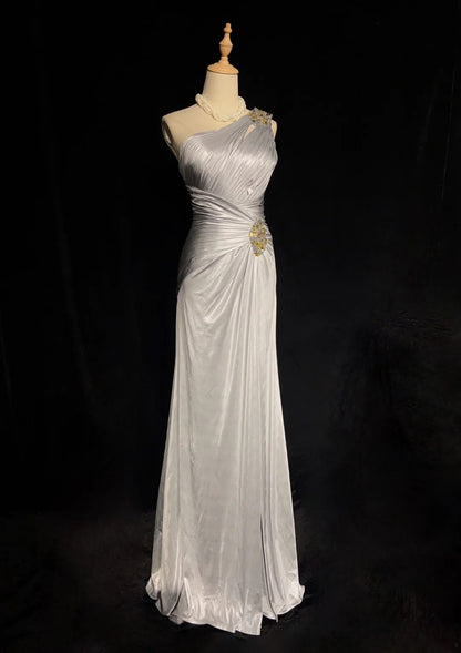 Beautiful Prom Dresses A line One Shoulder Silver Grey Long Formal Evening Outfits N3663