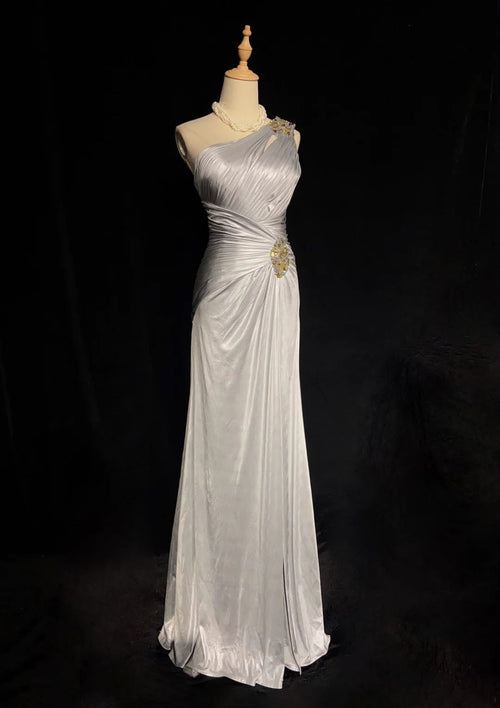 Beautiful Prom Dresses A line One Shoulder Silver Grey Long Formal Evening Outfits N3663