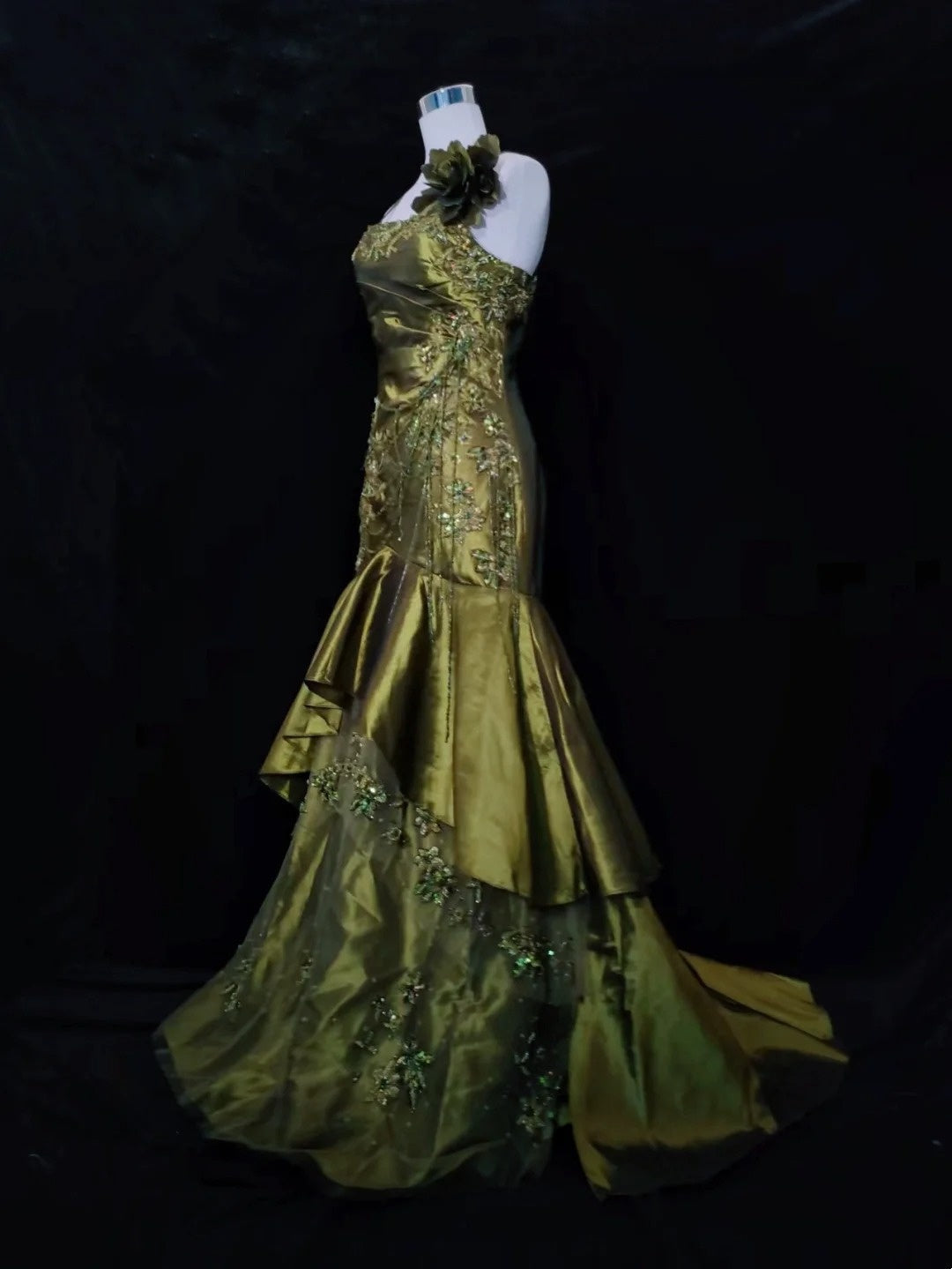 Vintage Classy Prom Dresses Mermaid Spaghetti Strap Olive Green Satin With Lace Beading Evening Long Dress N3294