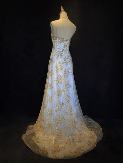 Vintage 90s Prom Dresses A Line Spaghetti Strap White Chiffon With Gold Lace Formal Evening Outfits N3849