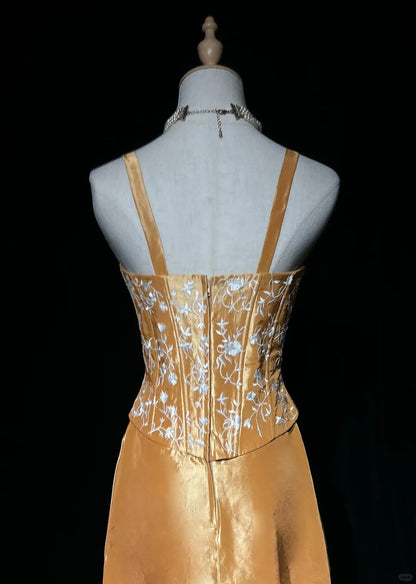 Charming Prom Dresses A line Spaghetti Strap Gold Long Formal Evening Dress N3900