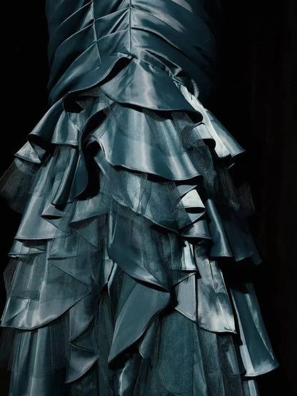 Vintage Mermaid One Shoulder Dusty Blue Satin With Folds Sleeveless Long Formal Dress Gown Birthday Prom Dresses N2442