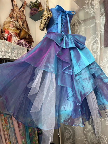 Classy Prom Dresses Ball Gown Sweetheart Blue Organza Tea Length Long Formal Evening Outfits N3769
