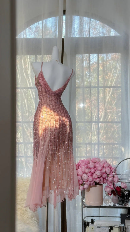 Charming Prom Dresses Mermaid Spaghetti Strap Pink Chiffon Tea Length Evening Outfits N3554