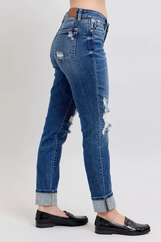 Full Size Mid Rise Boyfriend destroy Jeans with Yoke Pockets and Faux Selvedge Cuff Plus Size