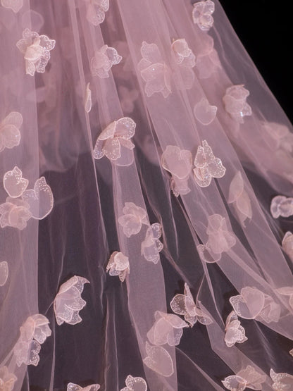 Elegant Prom Dresses A Line Scoop Pink With Long Sleeves Flowers Formal Evening Outfits N3790