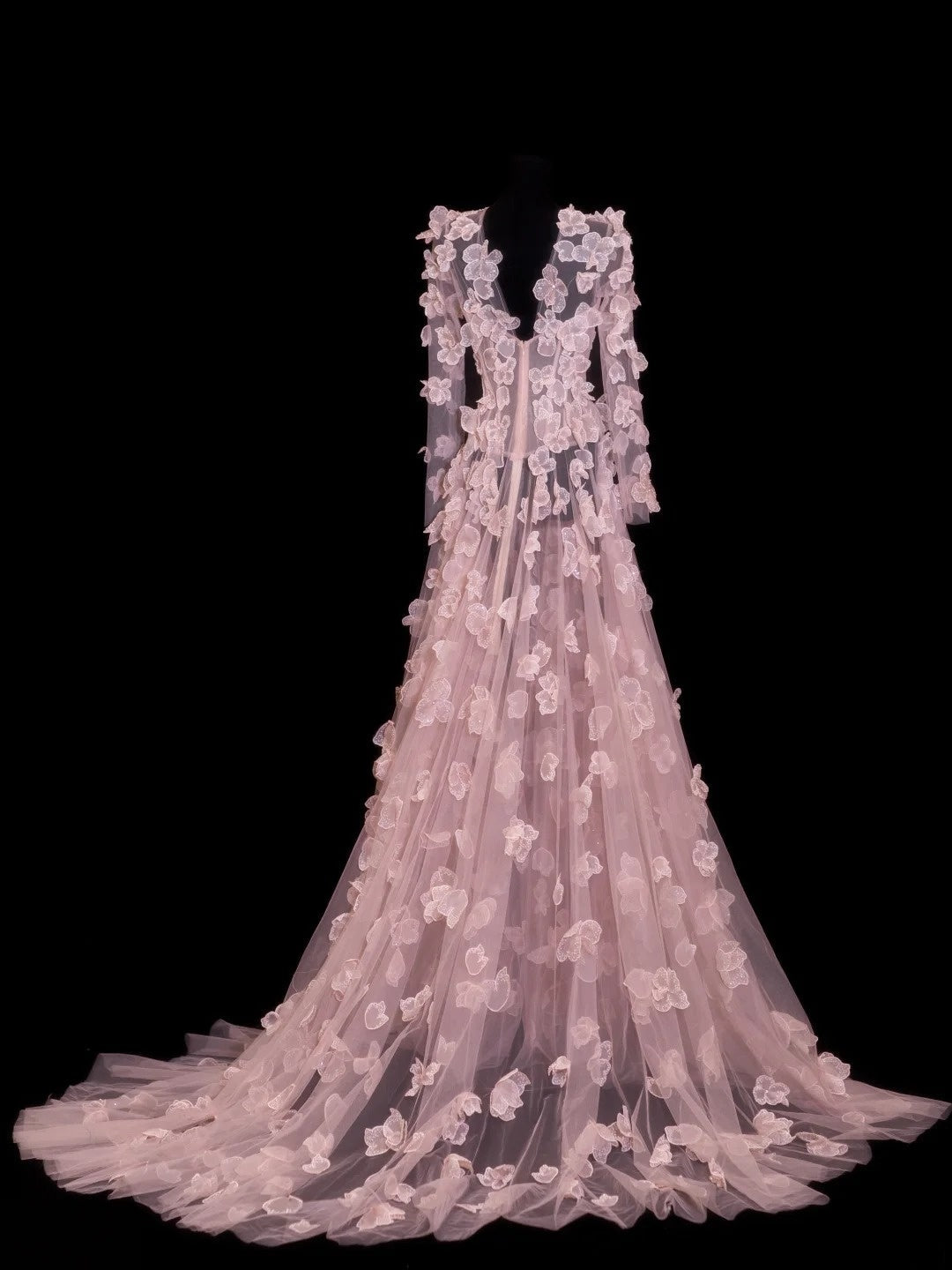 Elegant Prom Dresses A Line Scoop Pink With Long Sleeves Flowers Formal Evening Outfits N3790