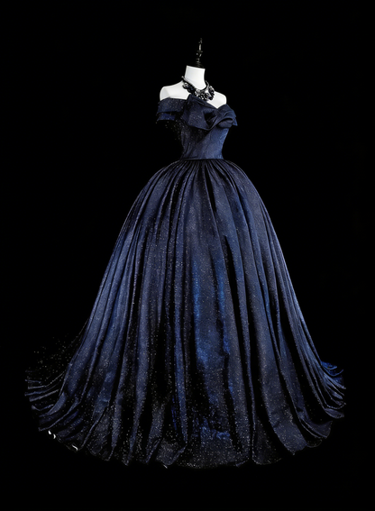 Vintage 1780s Ball Gown Off The Shoulder Navy Blue Tulle With Sleeves Long Prom Dresses N1608