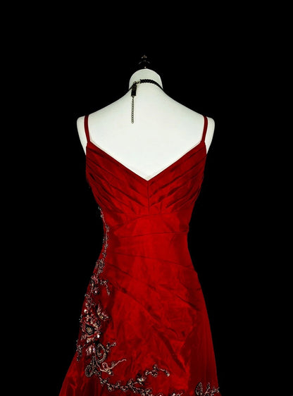 Vintage 1980s Mermaid Spaghetti Straps Red With Appliques Sleeveless Long Prom Formal Dresses N1601
