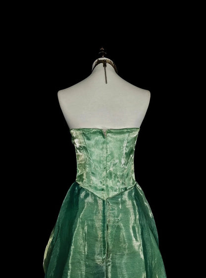 Vintage A Line Strapless Sage Green 70s Organza Long Prom Gown Party Wear Dresses N1835