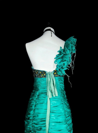 Vintage Mermaid One Shoulder Chiffon Green 70s With Pleated Beads Long Prom Gown Party Wear Dresses N1841