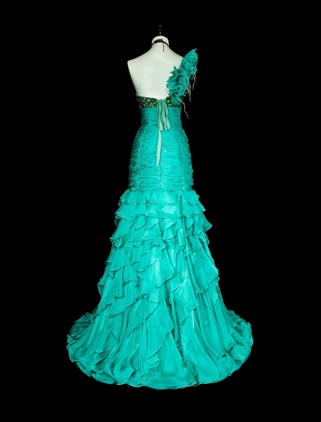Vintage Mermaid One Shoulder Chiffon Green 70s With Pleated Beads Long Prom Gown Party Wear Dresses N1841