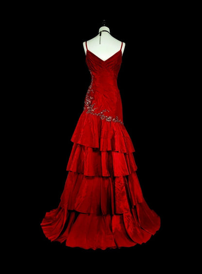 Vintage Mermaid Spaghetti Strap Red With Lace Appliques Beadings Long Prom Gown Party Wear Fashion Dresses N1828