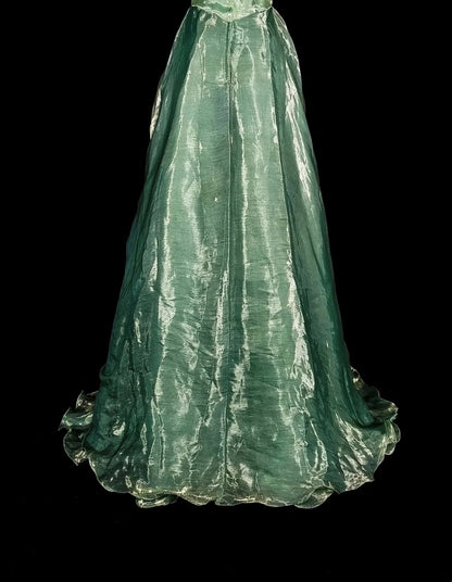 Vintage A Line Strapless Sage Green 70s Organza Long Prom Gown Party Wear Dresses N1835