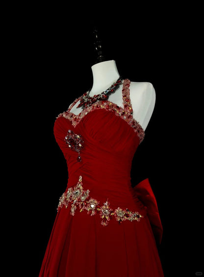 Vintage 1760s A Line Halter Red With Back Bow-knot Sleeveless Pleated Long Prom Dresses N1587