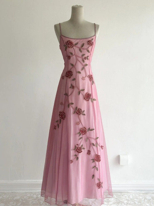 Vintage Y2K A line 2000s Pink Spaghetti Strap Chiffon With Beading Formal Dress 21st Birthday Prom Dresses N2760