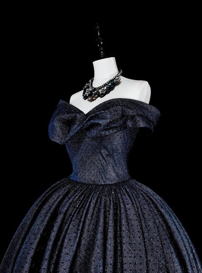Vintage 1780s Ball Gown Off The Shoulder Navy Blue Tulle With Sleeves Long Prom Dresses N1608