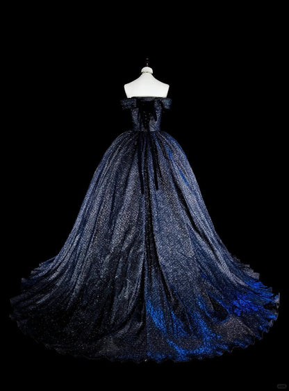 Vintage 1780s Ball Gown Off The Shoulder Navy Blue Tulle With Sleeves Long Prom Dresses N1608