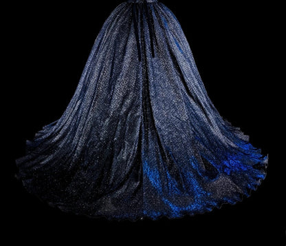 Vintage 1780s Ball Gown Off The Shoulder Navy Blue Tulle With Sleeves Long Prom Dresses N1608
