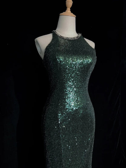 Sparkly Prom Dresses Inspo Mermaid 90s Jewel Neck Dark Green With Split For Women Formal Dress N3271
