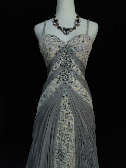 Vintage Prom Dresses Inspo Mermaid Spaghetti Strap Grey Lace 90s With Lace Sequined Formal Gowns N3348