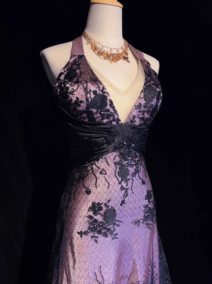 Vintage Prom Dresses Inspo A line Halter Pink Satin Black Lace With Backless For Women Formal Dress N3254