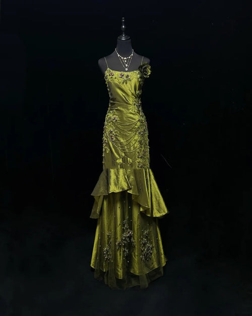 Vintage Mermaid 2000s Spaghetti Strap Olive Green Satin Formal Dress Long Prom Dresses N2575