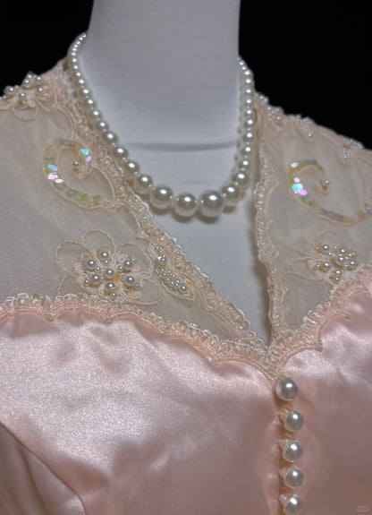 Princess Prom Dresses Ball Gown V Neck Pink Lace With Long Sleeves With Pearls Formal Evening Outfits N3878