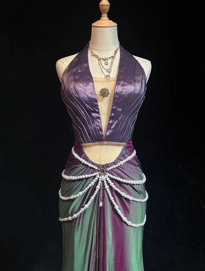 Glamour Prom Dresses Mermaid Halter Grape With Pearls Formal Evening Outfits N3851