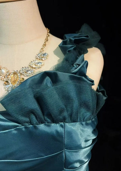 Vintage Mermaid One Shoulder Dusty Blue Satin With Folds Sleeveless Long Formal Dress Gown Birthday Prom Dresses N2442