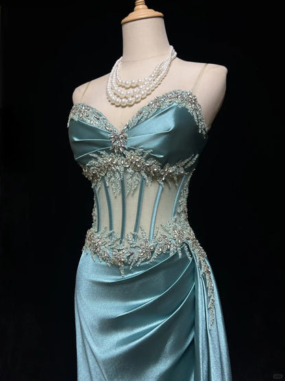 Elegant Prom Dresses Inspo Mermaid Spaghetti Strap Blue Satin With Ruffled Beading For Women Formal Dress N3228