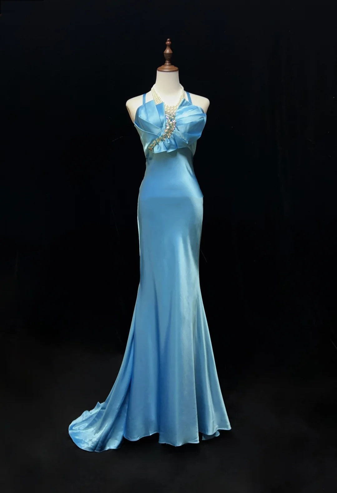 Classy Prom Dresses Mermaid Halter Floor Length Tiffany Blue Satin Formal Evening Dress N3698