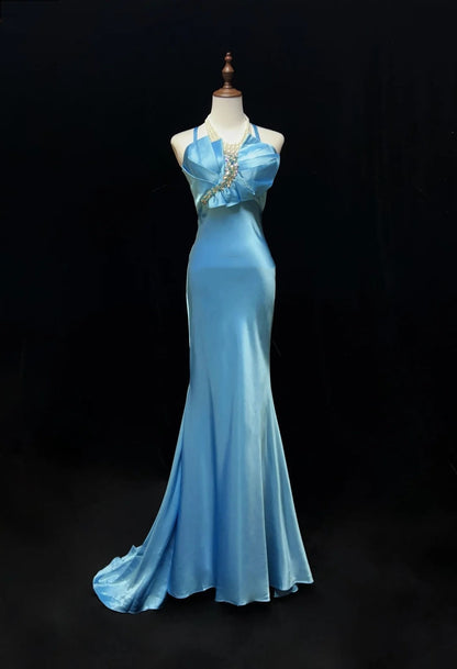 Classy Prom Dresses Mermaid Halter Floor Length Tiffany Blue Satin Formal Evening Dress N3698