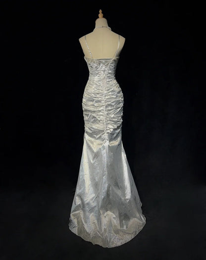 Charming Prom Dresses Mermaid Spaghetti Strap Silver Gray With Beaded Long Formal Evening Outfits N3687