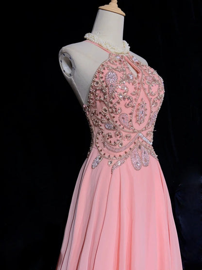 Modest Prom Dresses A line Halter Pink Chiffon With Beading Long Evening Outfits N3464