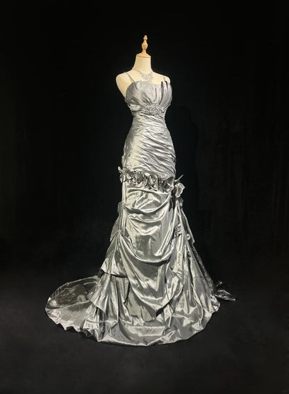 Beautiful Prom Dresses Mermaid Spaghetti Strap Silver Gray With Flowers Long Formal Evening Outfits N3684