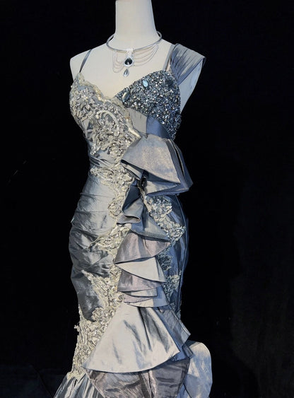 Vintage Prom Dresses Mermaid Straps Grey Satin Lace With Ruffles Long Evening Outfits N3442