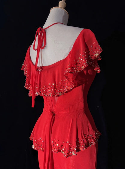 Vintage Prom Dresses Inspo Mermaid Halter Red Chiffon With Beading For Women Formal Dress N3265
