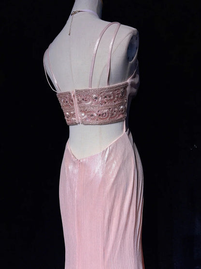Vintage Prom Dresses Mermaid Spaghetti Strap Pink Satin 80s Long Formal Evening Outfits N3879