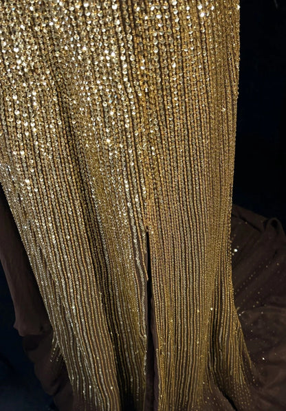 Vintage Mermaid 2000s One Shoulder Gold Sequin Formal Dress Long Sparkly Prom Dresses N2574