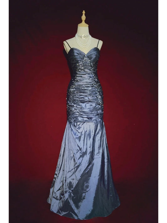 Modest Prom Dresses Mermaid Spaghetti Strap Dark Navy Blue Sleeveless Long Formal Evening Outfits N3626