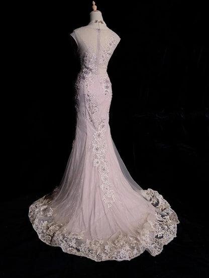 Vintage Prom Dresses 80s Mermaid V Neck Pink Lace Applique Long Formal Evening Outfits N3481